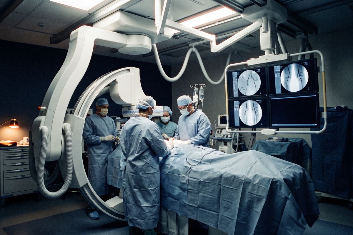 Team working in a hybrid operating theatre beneath the C-arm, angiogram monitors glowing in the background