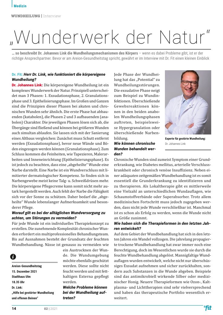 Magazine page from Dr. Fit with the interview headline Wunderwerk der Natur and a portrait of Dr. Johannes Link